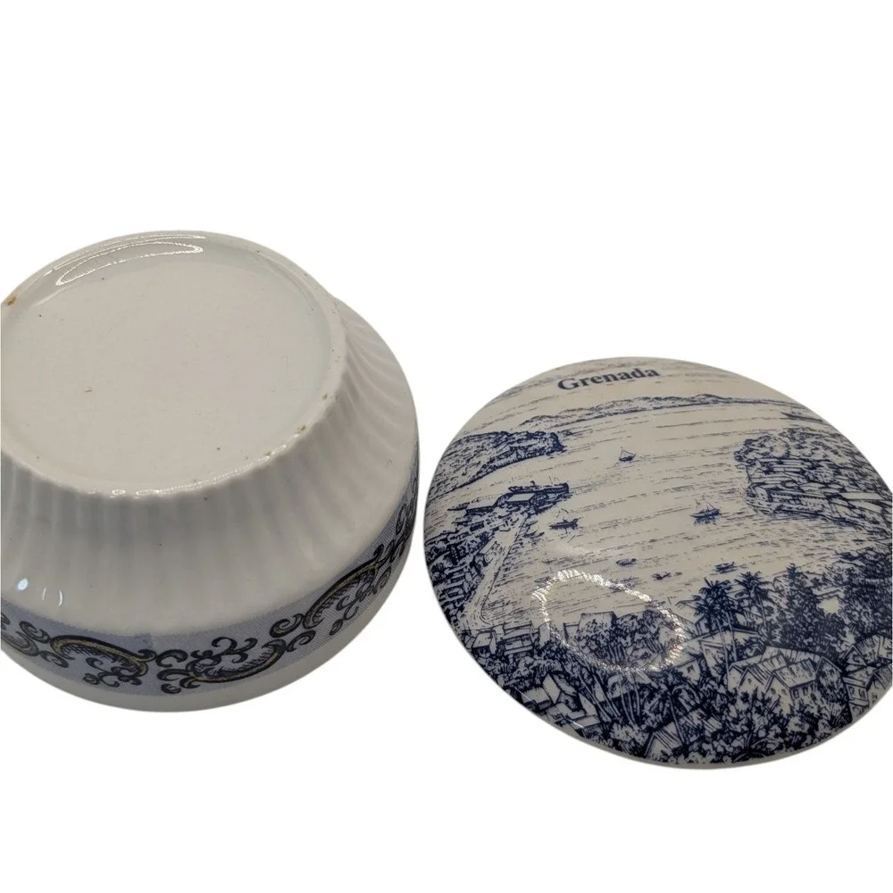Vintage Altenkunstadt Trinket Box Granada Blue and White Ships and Scrolls Round